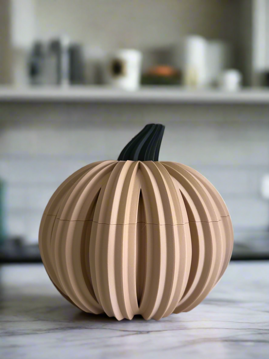 Modern 3D printed Pumpkins. Fall, Thanksgiving and Halloween decoration. Pumpkin bowl with lid