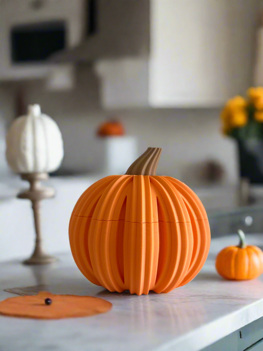 Modern 3D printed Pumpkins. Fall, Thanksgiving and Halloween decoration. Pumpkin bowl with lid