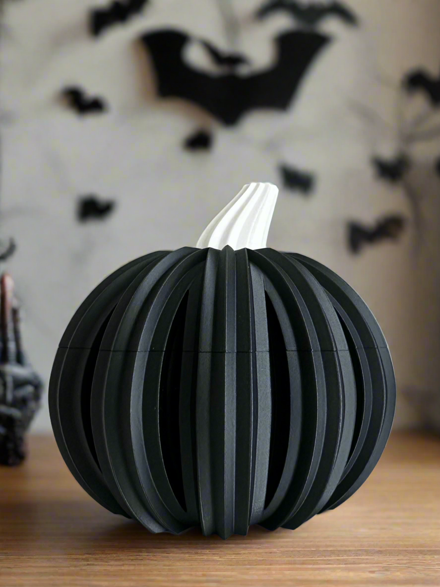 Modern 3D printed Pumpkins. Fall, Thanksgiving and Halloween decoration. Pumpkin bowl with lid