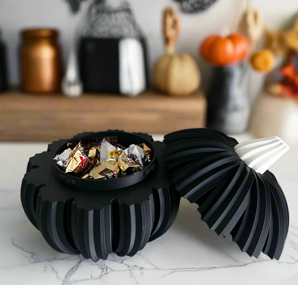 Modern 3D printed Pumpkins. Fall, Thanksgiving and Halloween decoration. Pumpkin bowl with lid