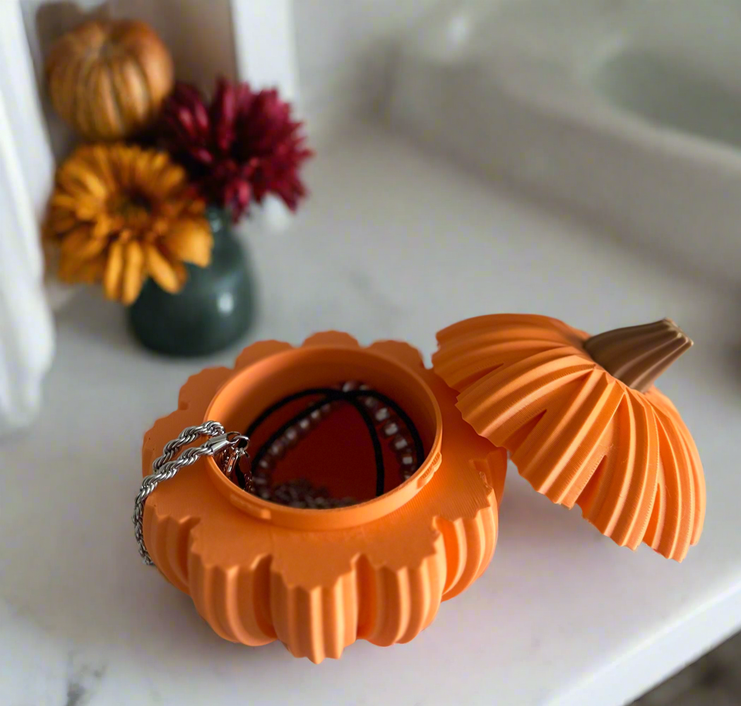Modern 3D printed Pumpkins. Fall, Thanksgiving and Halloween decoration. Pumpkin bowl with lid