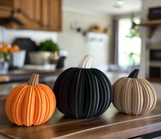 Modern 3D printed Pumpkins. Fall, Thanksgiving and Halloween decoration. Pumpkin bowl with lid